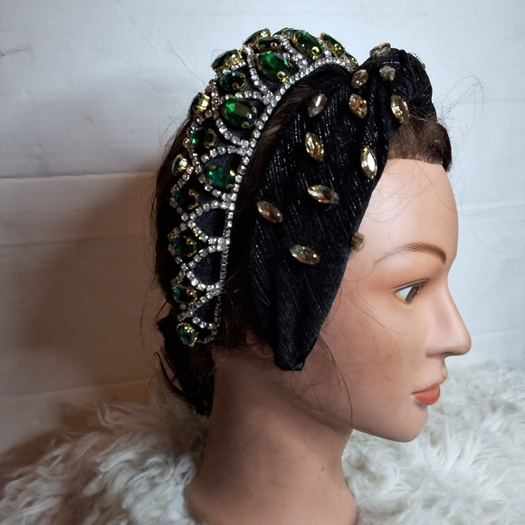 Set of 2 Jeweled Headbands Black Velvet Emerald Green Rhinestone Luxe Glam main image 11
